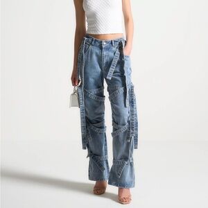 Maniere De Voir Women's Talia in Mid Blue Denim Strap Cargo Jeans Size 8